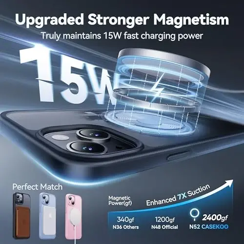 CASEKOO iPhone 15 uchun mo'ljallangan magnitli ko'rinmas stendli g'ilof [Harbiy tushishdan himoya] [MagSafe bilan mos] Zarba o'tkazmaydigan ingichka yarim shaffof mat g'ilof 6.1 dyuym, qora - 3