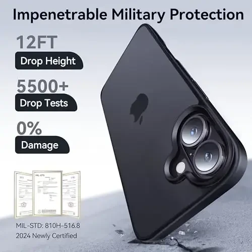 CASEKOO iPhone 16 g'ilofi uchun, [Hech qachon sarg'aymaydigan texnologiya] [Harbiy darajadagi tushishdan himoya] iPhone 16 g'ilofi telefon g'ilofi 6.1 dyuym uchun yarim shaffof ingichka g'ilof ayollar erkaklar uchun, muzlatilgan qora - 2