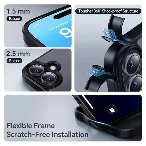 CASEKOO iPhone 16 g'ilofi uchun, [Hech qachon sarg'aymaydigan texnologiya] [Harbiy darajadagi tushishdan himoya] iPhone 16 g'ilofi telefon g'ilofi 6.1 dyuym uchun yarim shaffof ingichka g'ilof ayollar erkaklar uchun, muzlatilgan qora - 3