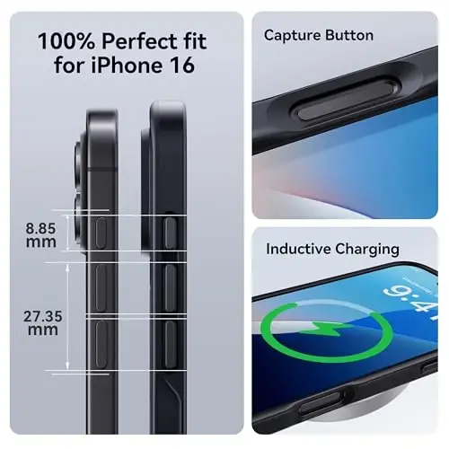 CASEKOO iPhone 16 g'ilofi uchun, [Hech qachon sarg'aymaydigan texnologiya] [Harbiy darajadagi tushishdan himoya] iPhone 16 g'ilofi telefon g'ilofi 6.1 dyuym uchun yarim shaffof ingichka g'ilof ayollar erkaklar uchun, muzlatilgan qora - 5