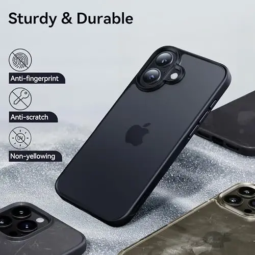 CASEKOO iPhone 16 g'ilofi uchun, [Hech qachon sarg'aymaydigan texnologiya] [Harbiy darajadagi tushishdan himoya] iPhone 16 g'ilofi telefon g'ilofi 6.1 dyuym uchun yarim shaffof ingichka g'ilof ayollar erkaklar uchun, muzlatilgan qora - 6