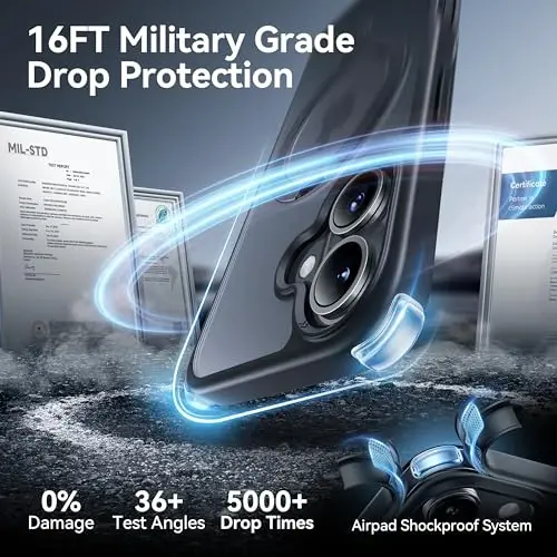 CASEKOO iPhone 16 Plus uchun Ultra-Magnetic Stand g'ilofi [Harbiy tomchidan himoya] [MagSafe bilan mos] Zarba o'tkazmaydigan yarim shaffof mato ingichka halqali ushlagichli g'ilof iPhone 16 Plus 6.7