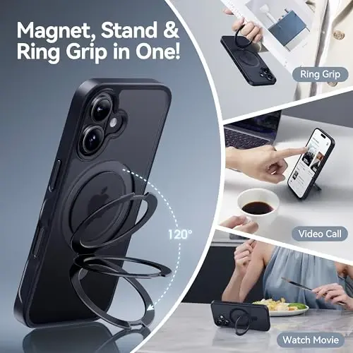 CASEKOO iPhone 16 Plus uchun Ultra-Magnetic Stand g'ilofi [Harbiy tomchidan himoya] [MagSafe bilan mos] Zarba o'tkazmaydigan yarim shaffof mato ingichka halqali ushlagichli g'ilof iPhone 16 Plus 6.7