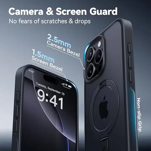 CASEKOO iPhone 16 Pro Max Kılıf, Manyetik Görünmez Standlı [Askeri Düşme Koruması] [MagSafe Uyumlu] Darbeye Dayanıklı İnce Yarı Saydam Mat Promax Kılıf 6.9 İnç, Siyah - 5