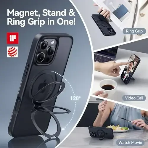 CASEKOO iPhone 16 Pro Max uchun magnitli ko'rinmas stendli himoya g'ilofi [Harbiy darajadagi himoya] [MagSafe bilan mos keladi] Zarbaga chidamli yupqa shaffof mat Promax g'ilofi 6.9 dyuym, Qora. - 6