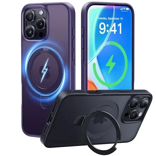 CASEKOO iPhone 16 Pro Max uchun Ultra-magnit stendi [Harbiy tomchidan himoya] [MagSafe bilan mos] Zarba o'tkazmaydigan yarim shaffof matli ingichka halqali ushlagichli g'ilof iPhone 16 ProMax 6.9