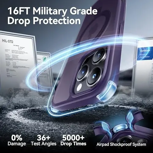 CASEKOO iPhone 16 Pro Max uchun Ultra-magnit stendi [Harbiy tomchidan himoya] [MagSafe bilan mos] Zarba o'tkazmaydigan yarim shaffof matli ingichka halqali ushlagichli g'ilof iPhone 16 ProMax 6.9