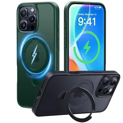 CASEKOO iPhone 16 Pro uchun Ultra-magnit stendi [Harbiy tomchidan himoya] [MagSafe bilan mos keladi] Zarba o'tkazmaydigan yarim shaffof mato Slim Ring ushlagichi iPhone 16 Pro 6.3