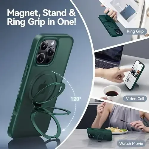 CASEKOO iPhone 16 Pro uchun Ultra-magnit stendi [Harbiy tomchidan himoya] [MagSafe bilan mos keladi] Zarba o'tkazmaydigan yarim shaffof mato Slim Ring ushlagichi iPhone 16 Pro 6.3
