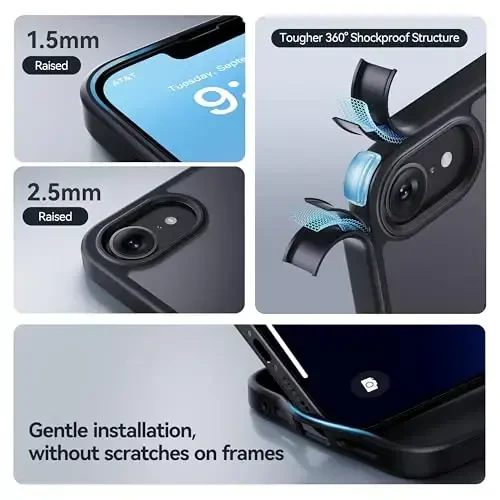 CASEKOO iPhone 16e uchun g‘ilof, [Hech qachon sarg‘aymaydigan texnologiya] [Harbiy darajadagi tushishdan himoya] Yarim shaffof ingichka qopqoq Ayollar Erkaklar iPhone 16e g‘ilof Telefon g‘ilofi 6.1 dyuym, muzlatilgan qora - 4