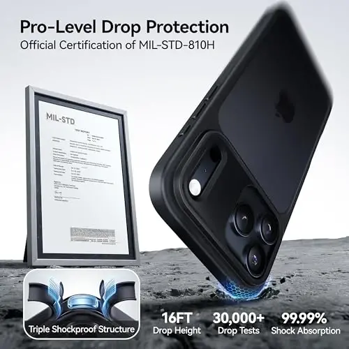 CASEKOO iPhone 17 Pro Max uchun g'ilof, [Hech qachon sarg'aymaydigan texnologiya] [Harbiy darajadagi tushishdan himoya] Yarim shaffof ingichka qopqoq Ayollar Erkaklar uchun 17 Pro Max telefon g'ilofi 6,9 dyuym, muzlatilgan qora - CASEKOO (1)
