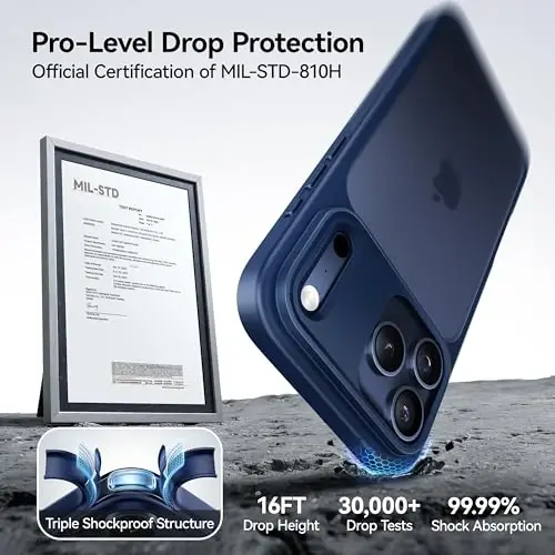 CASEKOO iPhone 17 Pro Max uchun g‘ilof, [Hech qachon sarg‘aymaydigan texnologiya] [Harbiy darajadagi tushishdan himoya] Yarim shaffof ingichka qopqoq ayollar erkaklar uchun iPhone 17 Pro Max telefon g‘ilofi 6.9 dyuym, muzli ko‘k - 2