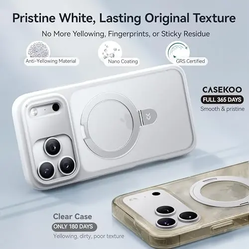 CASEKOO iPhone 17 Pro Max uchun Ultra-Magnetic Stend [Harbiy tomchidan himoya] [MagSafe bilan mos] Zarba o'tkazmaydigan yarim shaffof matli ingichka halqali ushlagichli g'ilof iPhone 17 ProMax 6.9