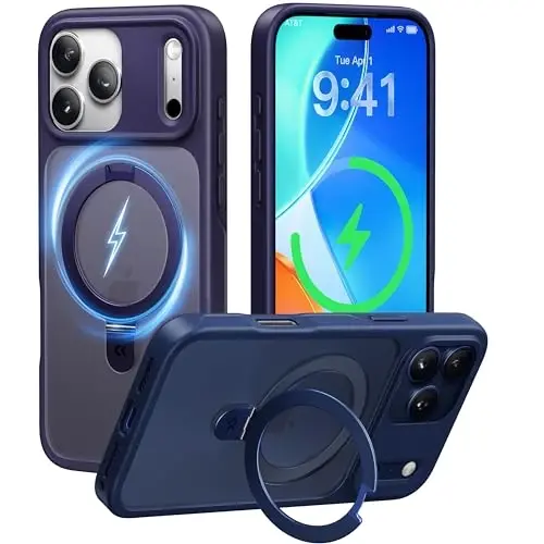 CASEKOO iPhone 17 Pro Max uchun Ultra-magnit stend [Harbiy tomchidan himoya] [MagSafe bilan mos] zarbga chidamli yarim shaffof matli ingichka halqali ushlagich iPhone 17 ProMax 6.9