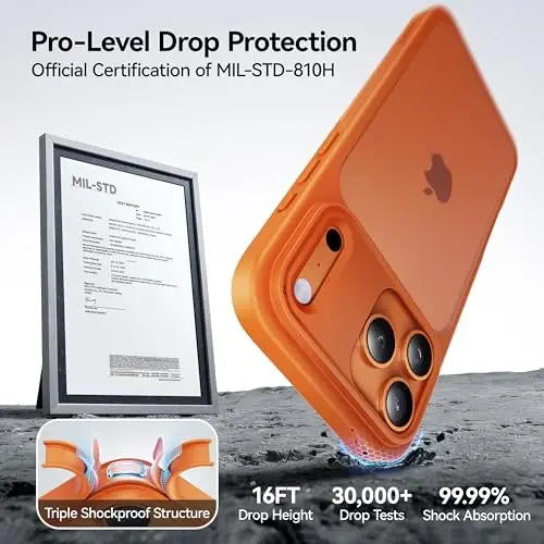 CASEKOO iPhone 17 Pro uchun g'ilof, [Hech qachon sarg'aymaydigan texnologiya] [Harbiy darajadagi tushishdan himoya] Yarim shaffof ingichka qopqoq ayollar erkaklar uchun iPhone 17 Pro telefon g'ilofi 6,3 dyuym, muzli apelsin - CASEKOO