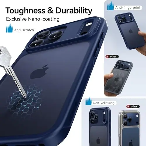 CASEKOO iPhone 17 Pro uchun g‘ilof, [Hech qachon sarg‘aymaydigan texnologiya] [Harbiy standartdagi tushishdan himoya] Yarim shaffof ingichka qopqoq ayollar va erkaklar uchun iPhone 17 Pro telefon g‘ilofi 6,3 dyuym, muzli ko‘k - 4
