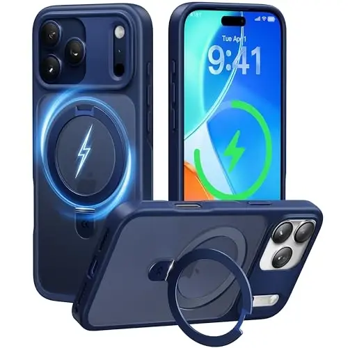CASEKOO iPhone 17 Pro uchun o'ta magnitli stend [Harbiy tomchidan himoya] [MagSafe bilan mos] Zarbadan himoyalovchi shaffof matli ingichka halqali ushlagich, iPhone 17 pro 6.3