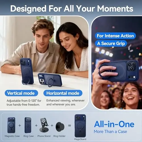 CASEKOO iPhone 17 Pro uchun o'ta magnitli stend [Harbiy tomchidan himoya] [MagSafe bilan mos] Zarbadan himoyalovchi shaffof matli ingichka halqali ushlagich, iPhone 17 pro 6.3
