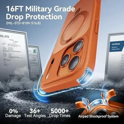 CASEKOO iPhone 17 Pro uchun Ultra-Magnetic Stend G'ilofi [Harbiy Tushishdan Himoya] [MagSafe bilan mos] Zarba o'tkazmaydigan Yarim Shaffof Matte Yupqa Uzuk Tutqichli G'ilof iPhone 17 pro 6.3