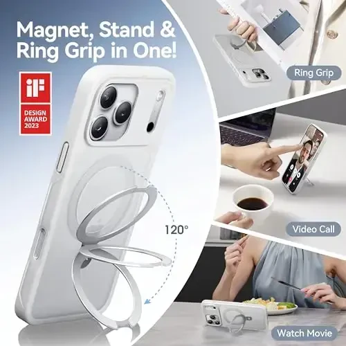 CASEKOO iPhone 17 Pro uchun Ultra-Magnit Stand g'ilofi [Harbiy tushishdan himoya] [MagSafe bilan mos] zarbga chidamli yarim shaffof mato Slim Ring ushlagich iPhone 17 pro 6.3