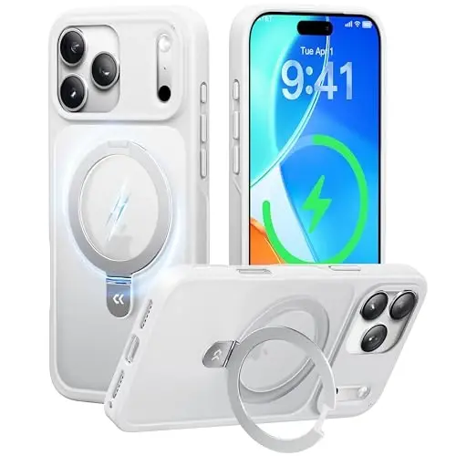CASEKOO iPhone 17 Pro uchun Ultra-Magnit Stand g'ilofi [Harbiy tushishdan himoya] [MagSafe bilan mos] zarbga chidamli yarim shaffof mato Slim Ring ushlagich iPhone 17 pro 6.3