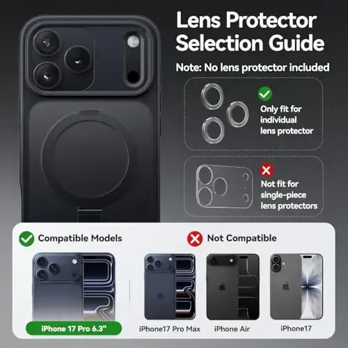 CASEKOO iPhone 17 Pro uchun ultra-magnit stendi [Harbiy tomchidan himoya] [MagSafe bilan mos] Zarbadan himoya qiluvchi yarim shaffof matli ingichka halqali ushlagichli g'ilof iPhone 17 Pro 6.3