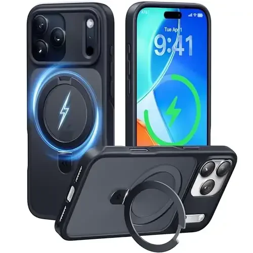 CASEKOO iPhone 17 Pro uchun ultra-magnit stendi [Harbiy tomchidan himoya] [MagSafe bilan mos] Zarbadan himoya qiluvchi yarim shaffof matli ingichka halqali ushlagichli g'ilof iPhone 17 Pro 6.3