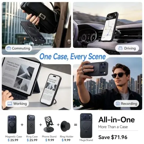 CASEKOO iPhone 17 Pro uchun ultra-magnit stendi [Harbiy tomchidan himoya] [MagSafe bilan mos] Zarbadan himoya qiluvchi yarim shaffof matli ingichka halqali ushlagichli g'ilof iPhone 17 Pro 6.3
