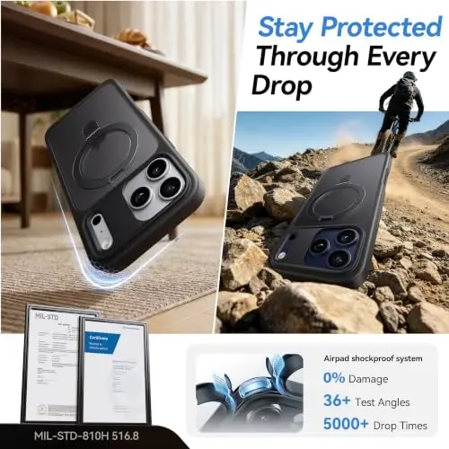 CASEKOO iPhone 17 Pro uchun ultra-magnit stendi [Harbiy tomchidan himoya] [MagSafe bilan mos] Zarbadan himoya qiluvchi yarim shaffof matli ingichka halqali ushlagichli g'ilof iPhone 17 Pro 6.3