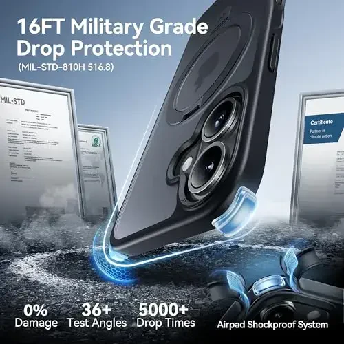 CASEKOO iPhone 17 uchun ultra magnitli stend [Harbiy tomchidan himoya] [MagSafe bilan mos] Zarba o'tkazmaydigan yarim shaffof matli ingichka iPhone 17 g'ilofi, halqali ushlagichli 6,3