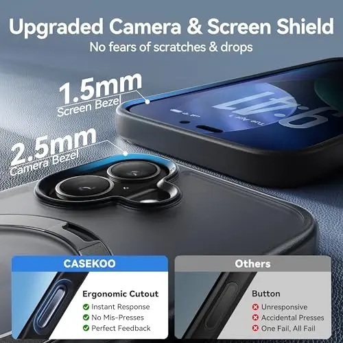 CASEKOO iPhone 17 uchun ultra magnitli stend [Harbiy tomchidan himoya] [MagSafe bilan mos] Zarba o'tkazmaydigan yarim shaffof matli ingichka iPhone 17 g'ilofi, halqali ushlagichli 6,3