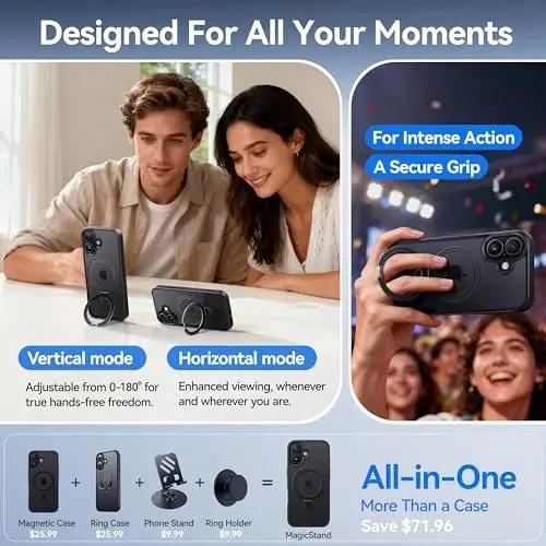 CASEKOO iPhone 17 uchun ultra magnitli stend [Harbiy tomchidan himoya] [MagSafe bilan mos] Zarba o'tkazmaydigan yarim shaffof matli ingichka iPhone 17 g'ilofi, halqali ushlagichli 6,3