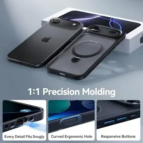 CASEKOO iPhone Air Case uchun ultra-magnit stend [Harbiy tomchidan himoya] [MagSafe bilan mos] Zarbadan himoya qiluvchi yarim shaffof mato Slim Ring ushlagichli iPhone 17 Air telefon qopqog'i 6,5
