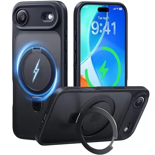 CASEKOO iPhone Air Case uchun ultra-magnit stend [Harbiy tomchidan himoya] [MagSafe bilan mos] Zarbadan himoya qiluvchi yarim shaffof mato Slim Ring ushlagichli iPhone 17 Air telefon qopqog'i 6,5