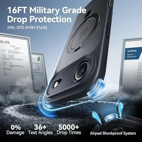 CASEKOO iPhone Air Case uchun ultra-magnit stend [Harbiy tomchidan himoya] [MagSafe bilan mos] Zarbadan himoya qiluvchi yarim shaffof mato Slim Ring ushlagichli iPhone 17 Air telefon qopqog'i 6,5