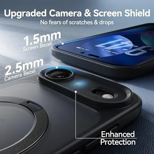 CASEKOO iPhone Air Case uchun ultra-magnit stend [Harbiy tomchidan himoya] [MagSafe bilan mos] Zarbadan himoya qiluvchi yarim shaffof mato Slim Ring ushlagichli iPhone 17 Air telefon qopqog'i 6,5