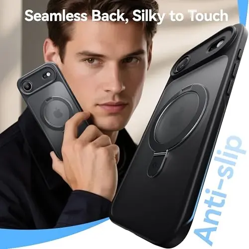 CASEKOO iPhone Air Case uchun ultra-magnit stend [Harbiy tomchidan himoya] [MagSafe bilan mos] Zarbadan himoya qiluvchi yarim shaffof mato Slim Ring ushlagichli iPhone 17 Air telefon qopqog'i 6,5