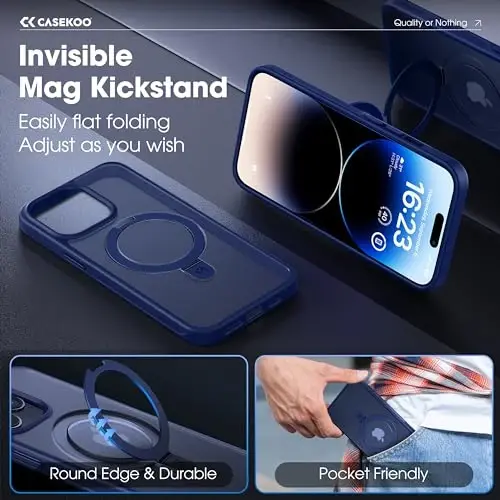 CASEKOO kompaniyasi tomonidan ishlab chiqilgan magnit ko'rinmas stendli 14 Pro Max uchun g'ilof [Harbiy darajadagi zarbadan himoya] [MagSafe bilan mos keladi] Zarbalarga chidamli, yupqa, yarim shaffof matli Promax g'ilofi 6.7 dyuym, ko'k - 3
