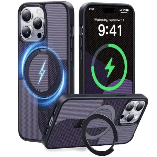 CASEKOO Manyetik Görünmez Standlı 14 Pro Max Uyumlu Kılıf [Askeri Düşme Koruması] [MagSafe ile Uyumlu] Darbeye Dayanıklı İnce Yarı Saydam Mat Promax Kılıf 6.7 İnç, İris Moru 