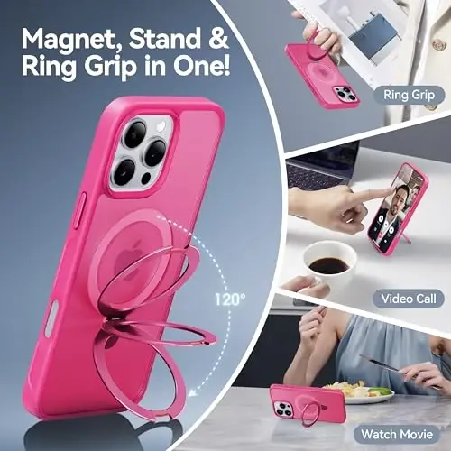 CASEKOO Designed for 14 Pro Case with Magnetic Invisible Stand [Military Drop Protection] [Compatible with MagSafe] Shockproof Slim Matte Translucent Pro Case 6.1 Inch, Hot Pink - 2