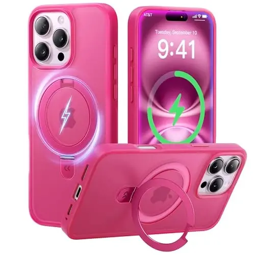CASEKOO Designed for 14 Pro Case with Magnetic Invisible Stand [Military Drop Protection] [Compatible with MagSafe] Shockproof Slim Matte Translucent Pro Case 6.1 Inch, Hot Pink 