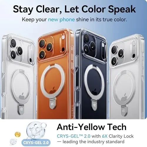 CASEKOO Pro Kılıf için Ultra Manyetik Stand Şeffaf [MagSafe ile Uyumlu] [17 FT Askeri Sınıf Koruma] 17 Pro Telefon Kılıfı 6.3 inç için Şeffaf İnce Telefon Halkası, Şeffaf - CASEKOO (1)