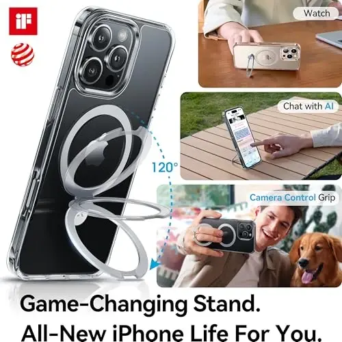 CASEKOO Ultra Manyetik iPhone 16 Pro Max Kılıfı, Görünmez Standlı [MagSafe ile Uyumlu] [16FT Askeri Düzeyde Koruma] Telefon Tutacağı Şeffaf İnce 16 Pro Max Kılıfı 6.9'', Şeffaf - CASEKOO (1)