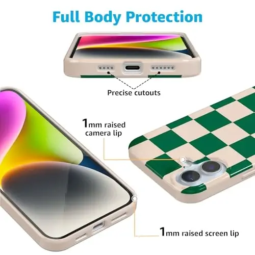 Casely iPhone 16 G'ilofi | Mosligini tekshirish | Yashil katakli | Klassik Ultra yupqa g'ilof dizayni | MagSafe bilan mos - 4