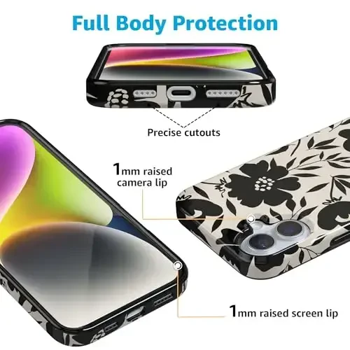 Casely iPhone 16 G'ilofi | Qora Fantaziya | Kontrastli Gul | MagSafe bilan mos | Klassik Ultra-Yupqa G'ilof - MODAZONE (1)