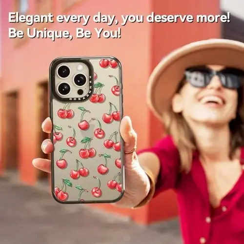 casevivid Чехол для iPhone 15 Pro Max, милый эстетичный — прочный противоударный чехол для защиты от падений с высоты 2 м с забавным модным рисунком вишни, 6,7 дюйма, черный 