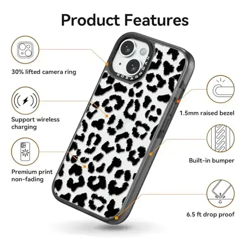 casevivid Compatible for iPhone 15 Case Cute Aesthetic - Durable Shockproof 6.6 ft Drop Impact Phone Case Cover with Funny Fashion Big Black Leopard Print 6.1