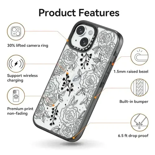 casevivid Compatible for iPhone 15 Case Cute Aesthetic - Durable Shockproof 6.6 ft Drop Impact Phone Case Cover with Funny Fashion Black Rose 6.1