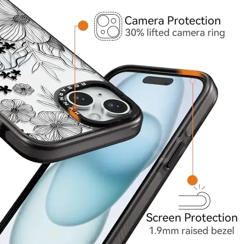 casevivid Compatible for iPhone 15 Case Cute Aesthetic - Durable Shockproof 6.6 ft Drop Impact Phone Case Cover with Funny Fashion Black Wildflower 6.1