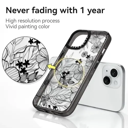 casevivid Compatible for iPhone 15 Case Cute Aesthetic - Durable Shockproof 6.6 ft Drop Impact Phone Case Cover with Funny Fashion Black Wildflower 6.1